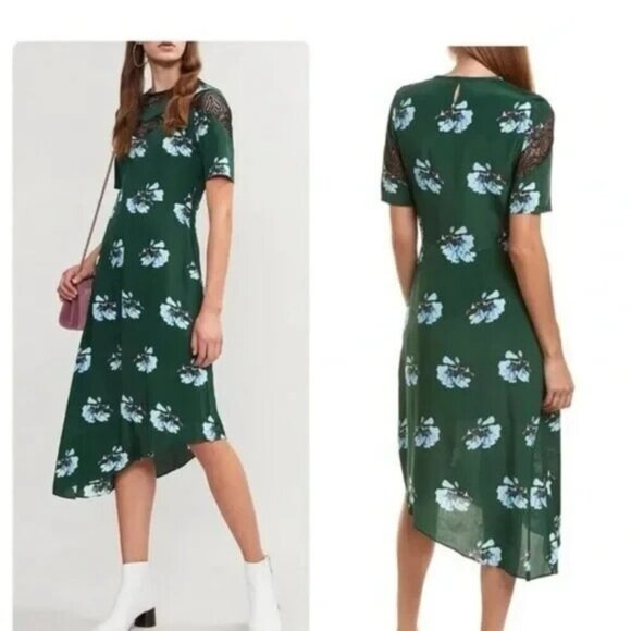 Maje Rowers Imprime Green Floral Midi Asymmetrical Hem Lace Neck Dress Size 1 - Picture 1 of 12